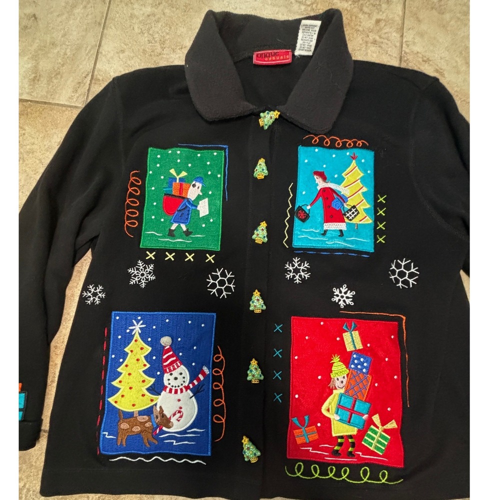 Onque Casuals Christmas Cardigan Jacket Black Embroidered Snowman Reindeer Large